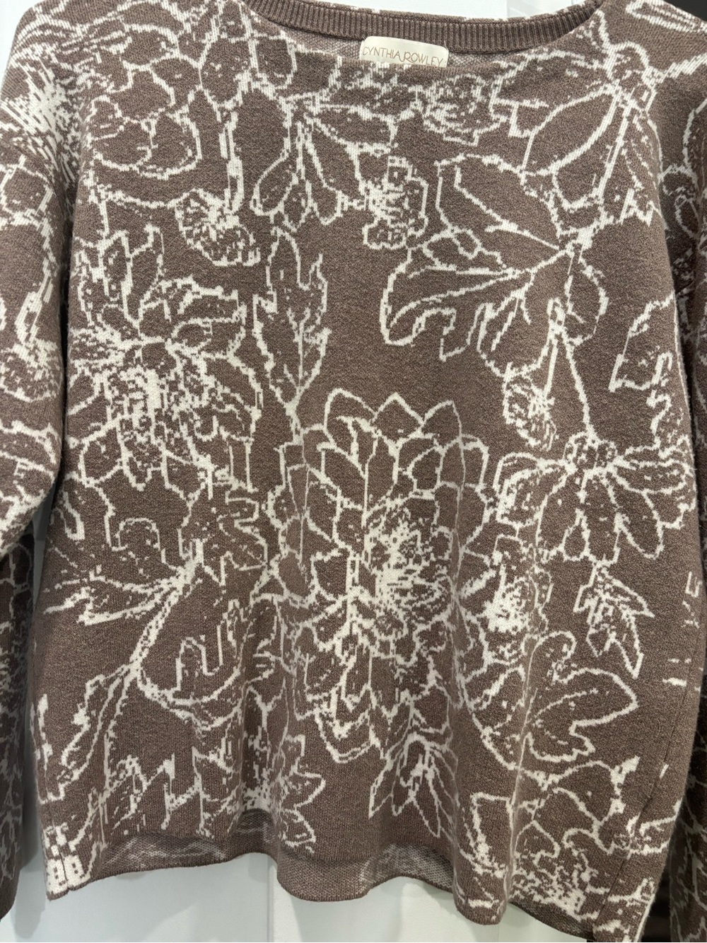 Cynthia Rowley Brown and Cream Floral Crewneck Sweater